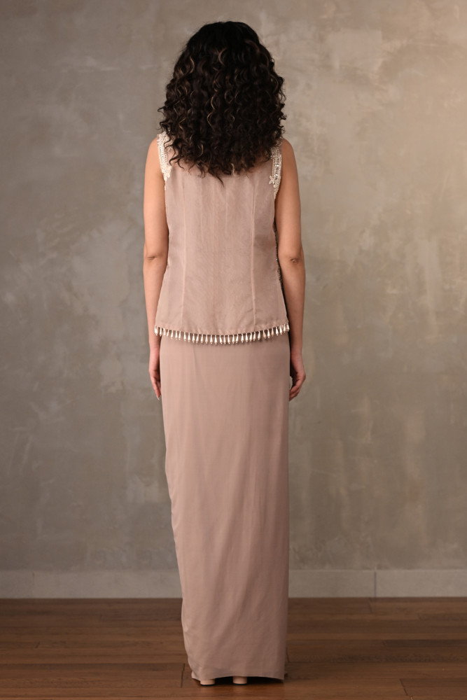 Beige Embellished Gown With Short Jacket