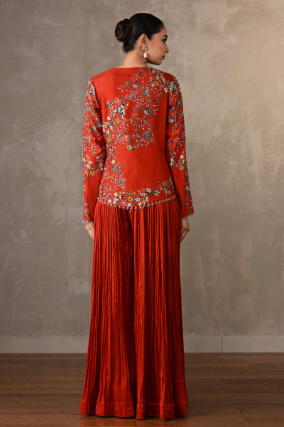 Brick Red Bloom Embellished Jacket With Pleated Pants