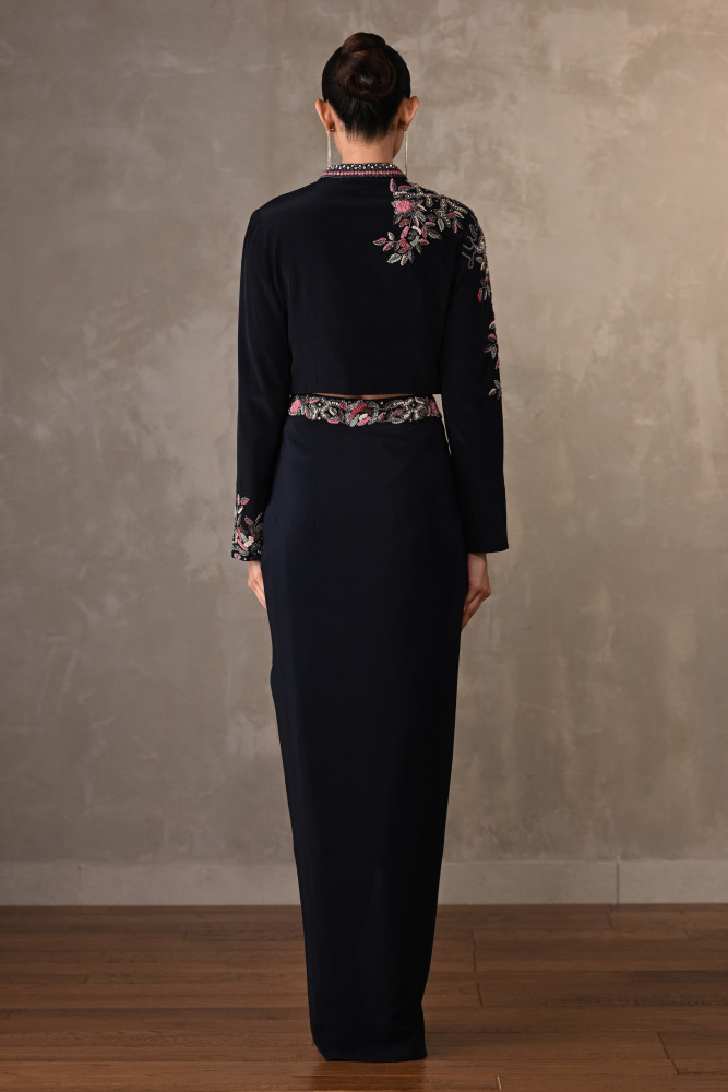 Noir Bloom Embellished Crepe Draped Skirt Set