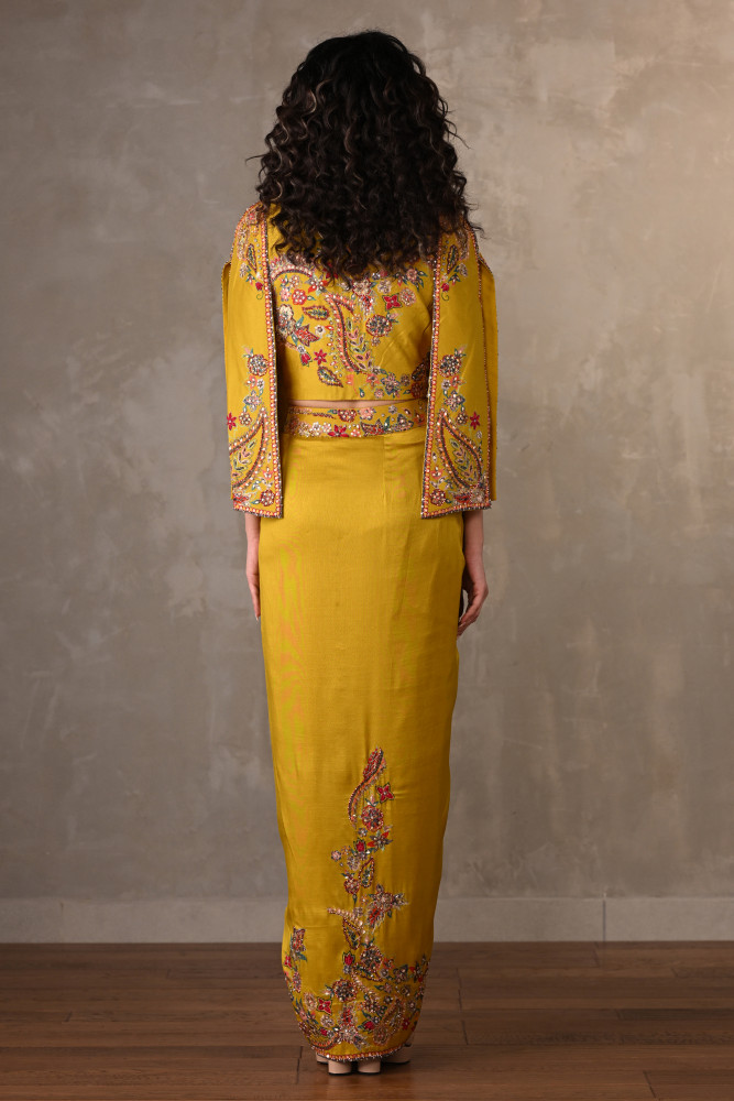 Mustard Marigold Embellished Silk Cropped Jacket Set