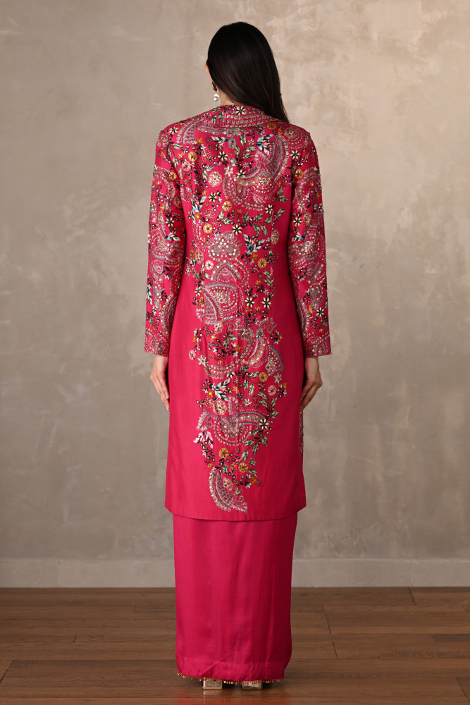 Rani Silk Draped Skirt Set With Embroidered Long Jacket