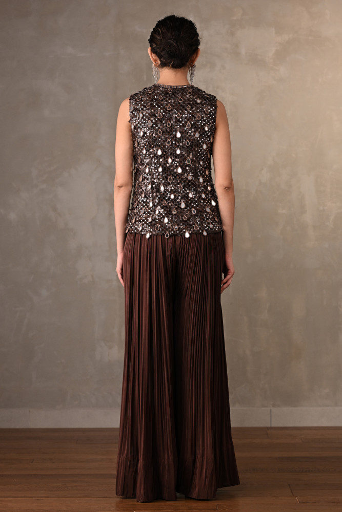 Mocha Radiance Mirror Work Crepe Top With Pleated Pants