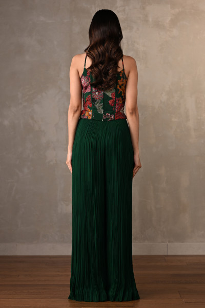 Emerald Bloom Printed Top With Pleated Georgette Pants