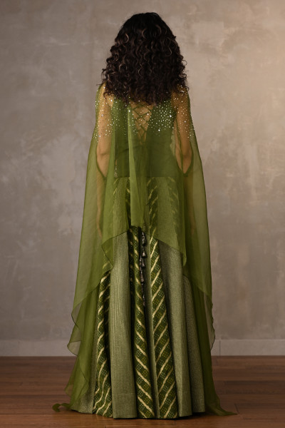 Green Regal Brocade Cape Lehenga Set