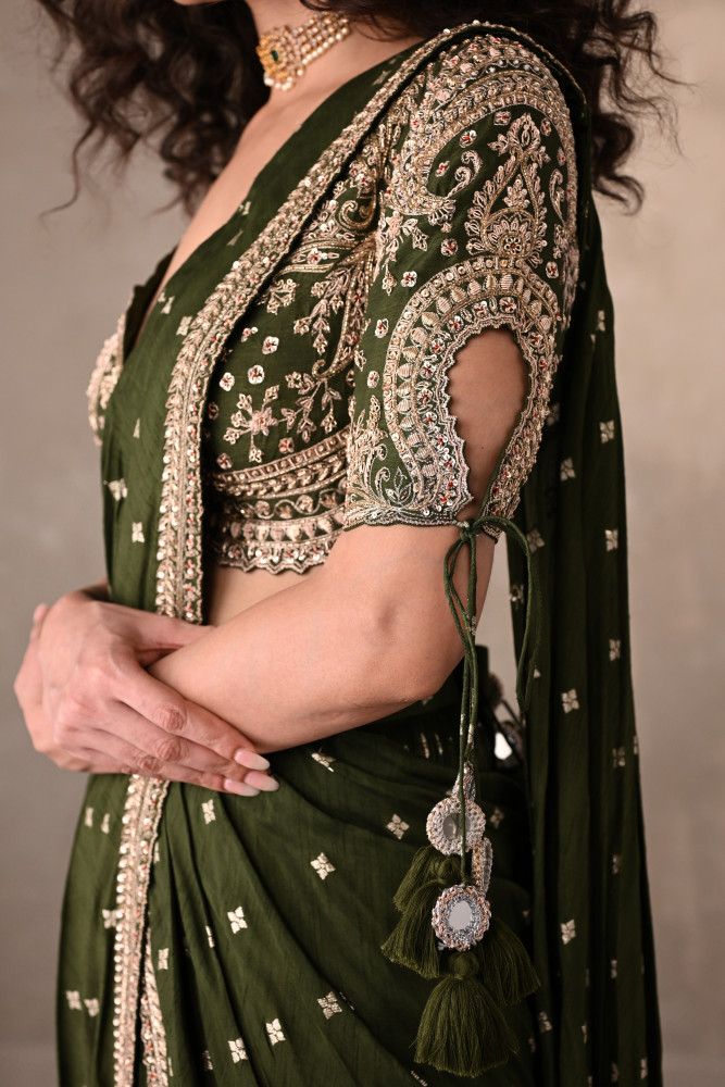 Olive Zari Tassel Drape Saree