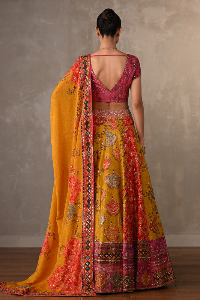 Multicolour Panelled Silk Embroidered Lehenga Set
