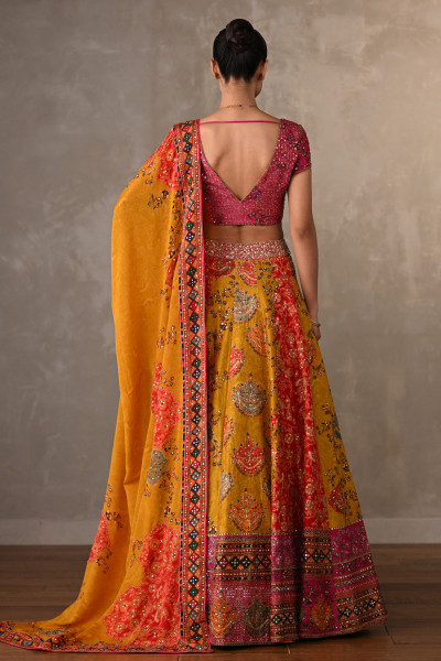 Multicolour Panelled Silk Embroidered Lehenga Set
