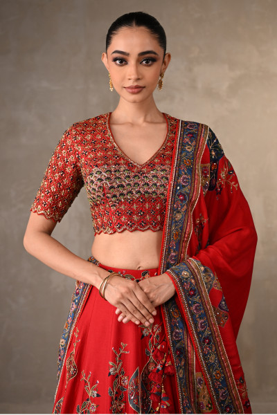 Red Silk Lehenga Set With Thread & Pearl Work