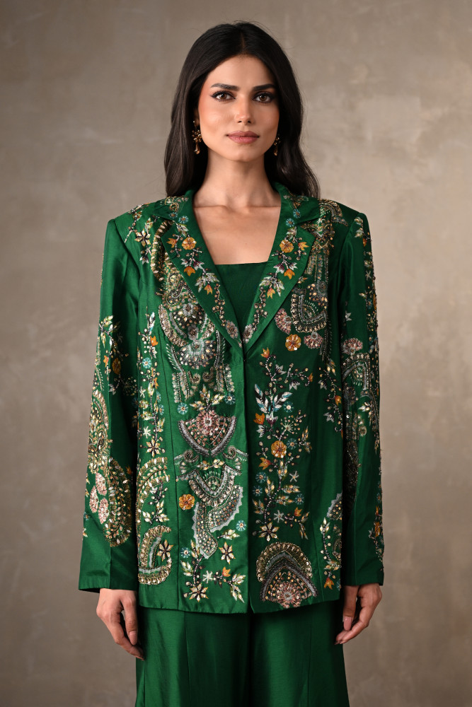 Green Silk Jacket And Sharara Set With Intricate Embroidery