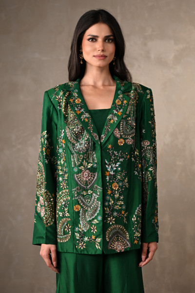 Green Silk Jacket And Sharara Set With Intricate Embroidery