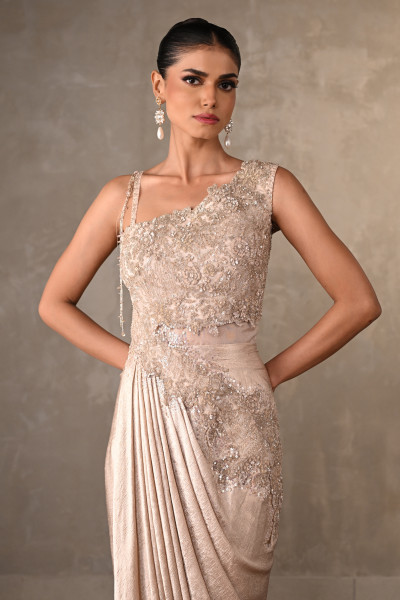 Embellished Satin Drape Gown With Pearl Detailing