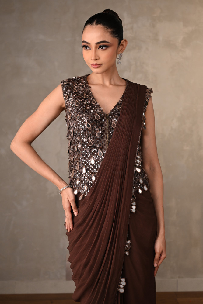 Brown Mirror Work Drape Saree