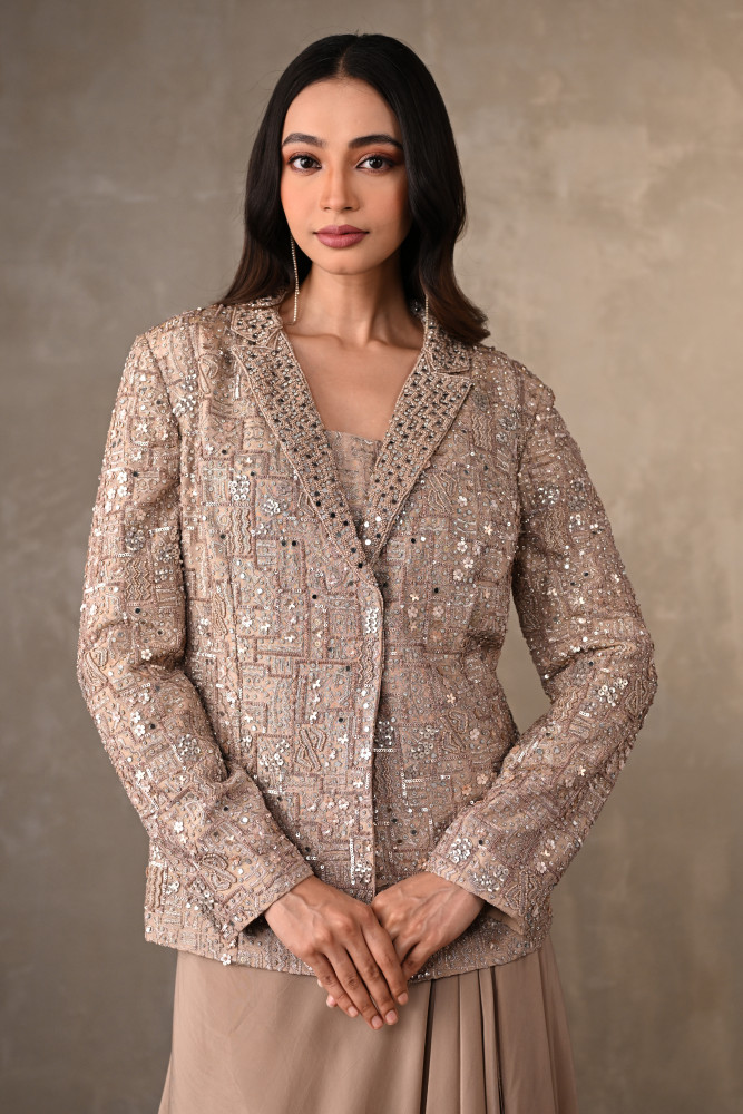 Champagne Mirror Work Jacket Set With Draped Skirt