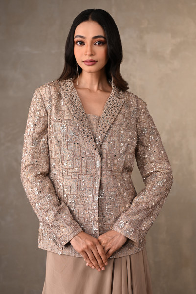 Champagne Mirror Work Jacket Set With Draped Skirt