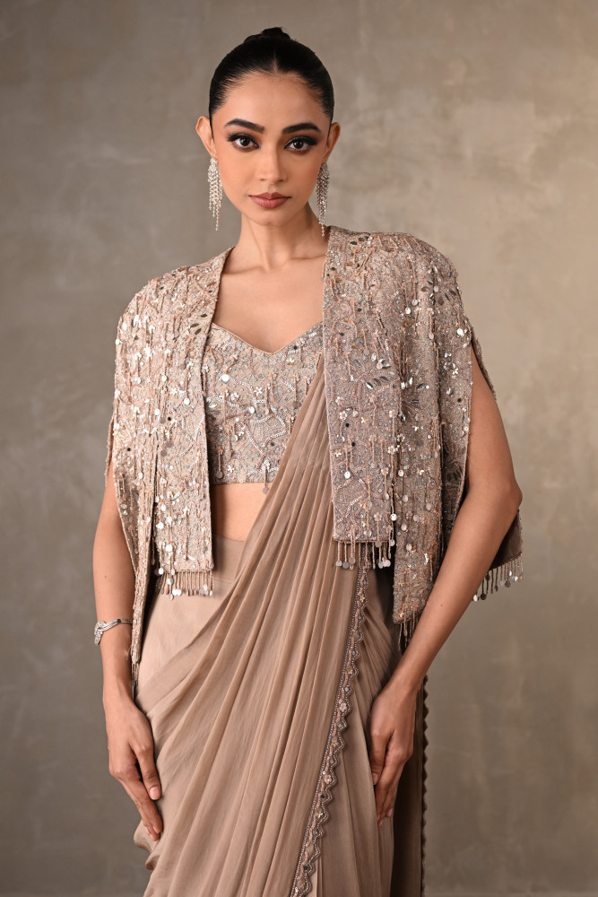 Tone-On-Tone Embroidered Drape Saree With Short Jacket
