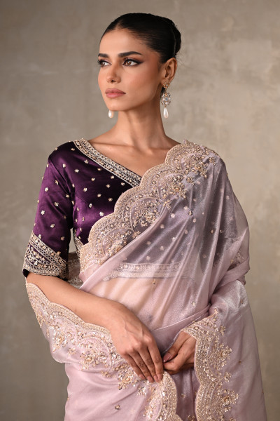 Lavender Organza Saree With Cutdana & Moti Embellishments
