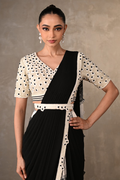 Off White-Black Contrast Floral Drape Saree