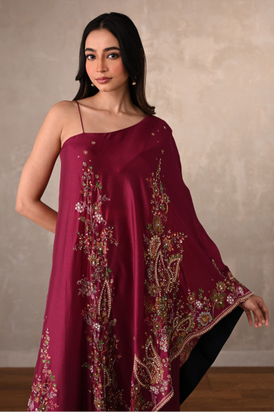 Red Silk One-Shoulder Kurta Set With Embroidered Sharara