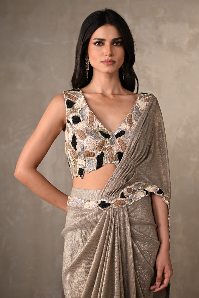 Dusty Grey Embellished Drape Saree Set