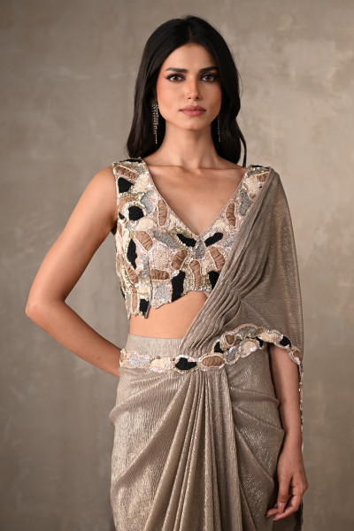 Dusty Grey Embellished Drape Saree Set