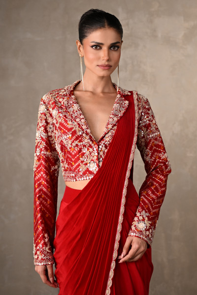 Red Embellished Crepe Drape Saree Set