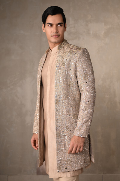 Beige Chanderi Open Jacket Sherwani with Kurta Set