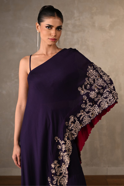 One Shoulder Gold Zari Embroidered Co-Ord Set