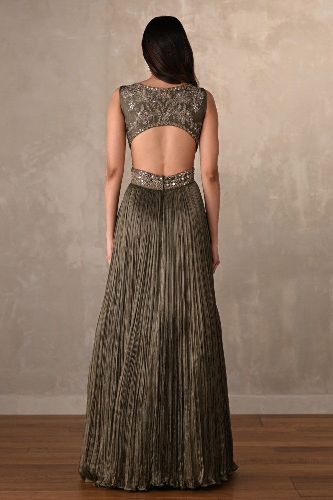 Moss Mirror Embroidered Pleated Gown