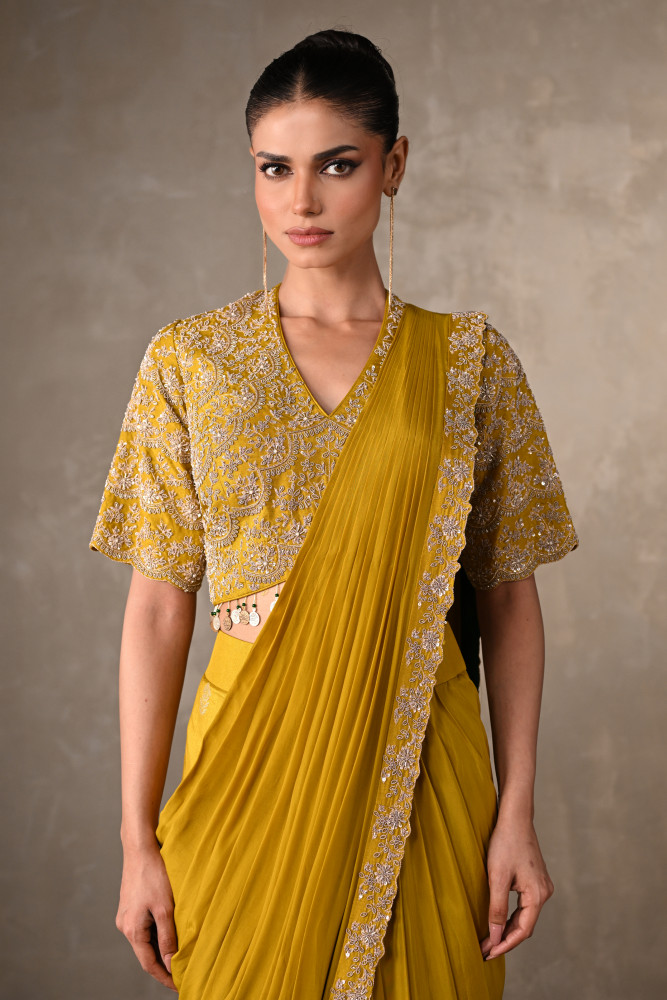 Yellow Embellished Crepe Drape Saree Set