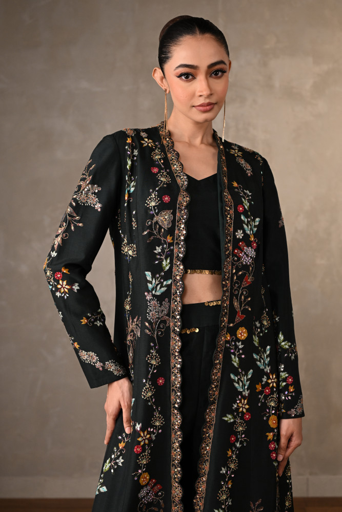 Midnight Garden Embroidered Silk Cape Set