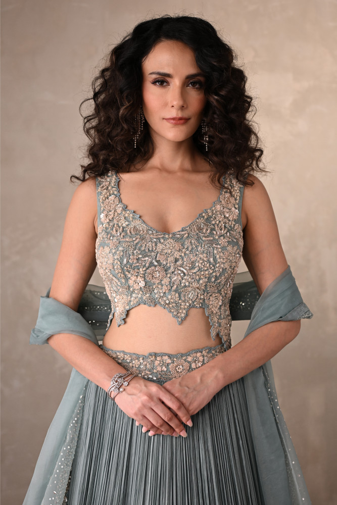 Sky Blue Celeste Satin Chiffon Lehenga Set