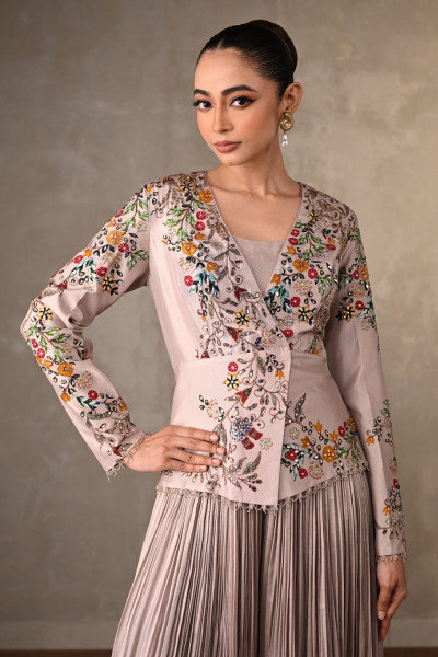 Mauve Bloom Embellished Jacket With Pleated Pants