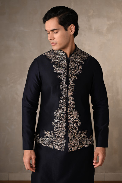 Navy Blue Chanderi Embroidered Bundi Jacket With Kurta Set