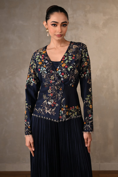 Blue Bloom Embellished Jacket With Pleated Pants