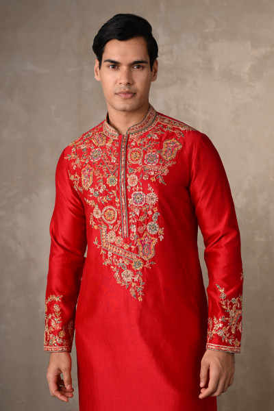 Red Chanderi Embroidered Kurta