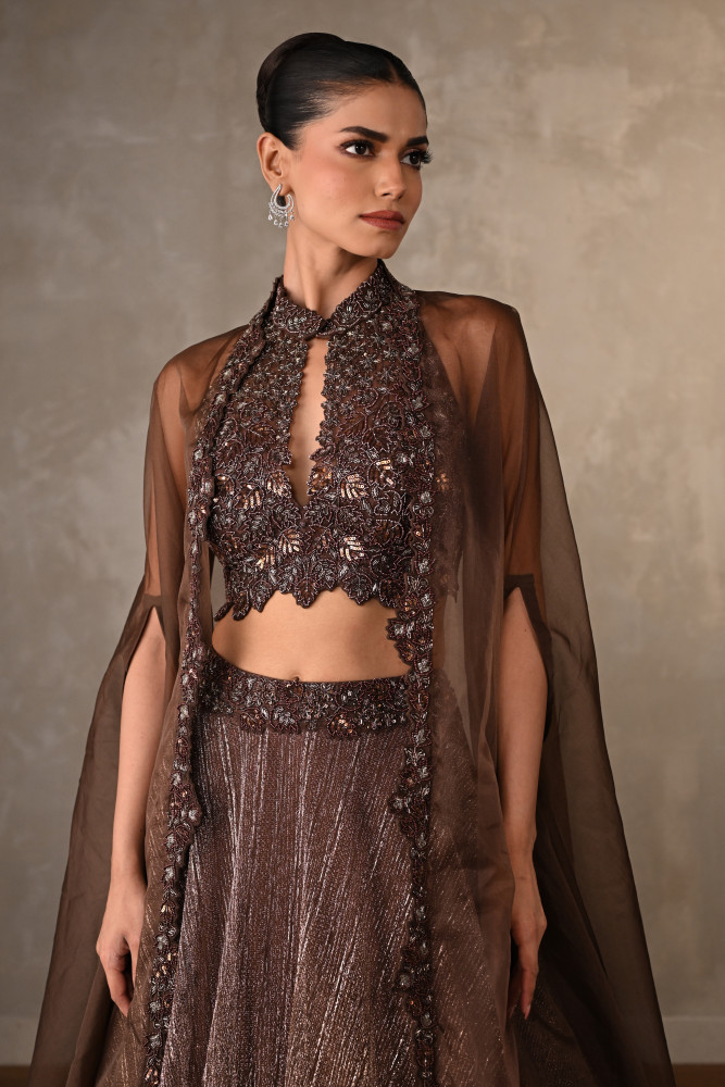 Mocha Sheer Embellished Lehenga Set