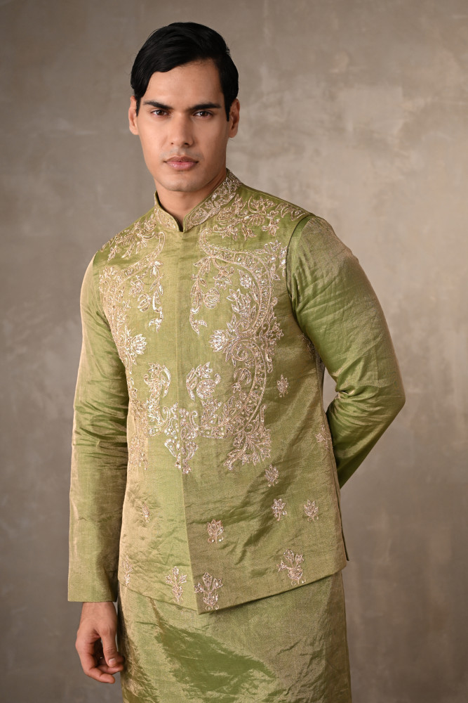 Image of Green Tissue Silk Bundi Kurta Set