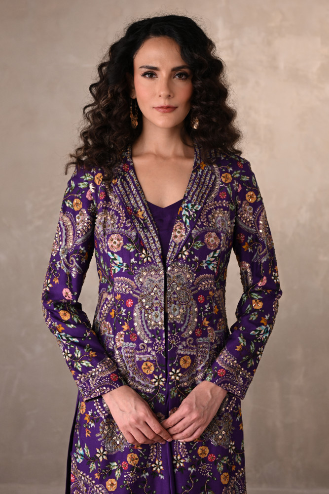 Royal Purple Silk Draped Skirt Set With Embroidered Long Jacket
