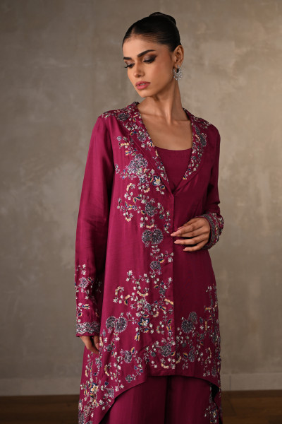 Wine Embellished Silk Co-Ord Set