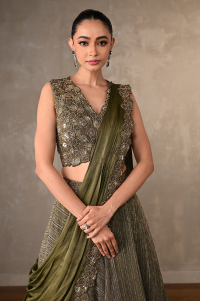 Olive Luxe Sequined Lehenga Set With Attached Dupatta