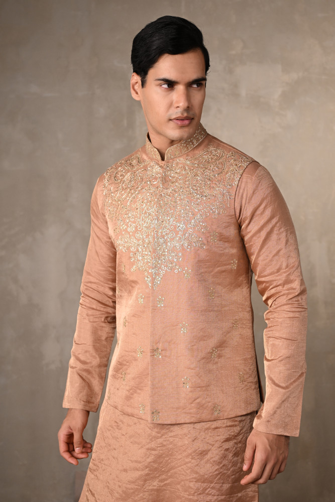 Image of Light Gold Tissue Bundi Jacket With Kurta Set