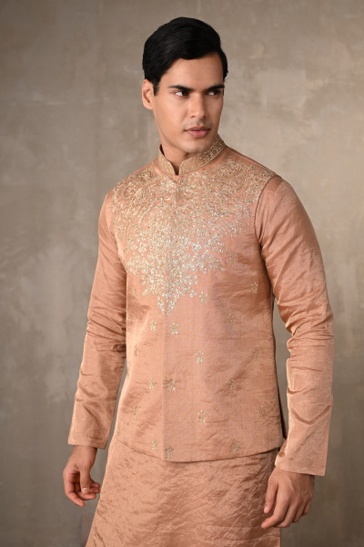 Light Gold Tissue Bundi Jacket With Kurta Set