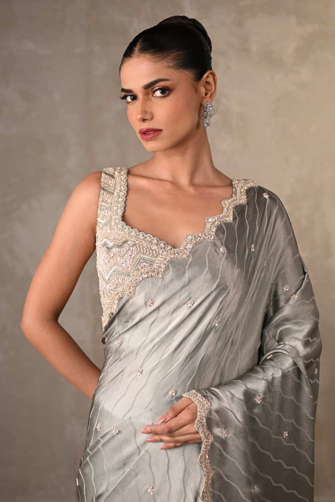Moonlit Mist Satin Embellished Saree Set