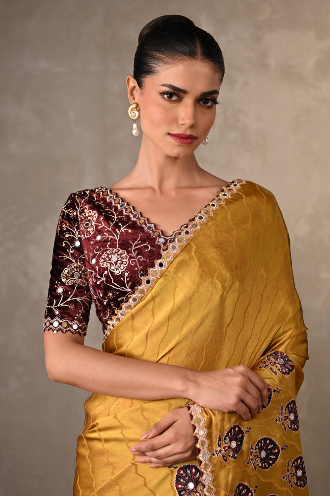 Mustard Satin Mirror Work Saree Set