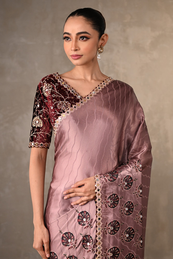 Mauve Satin Mirror Work Saree Set