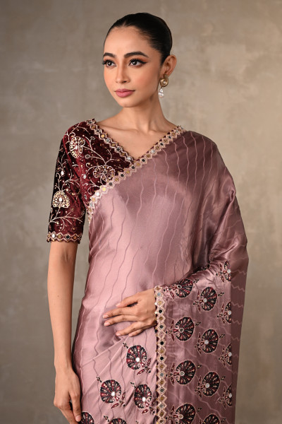 Mauve Satin Mirror Work Saree Set