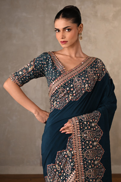 Navy Mirror Work Saree Set