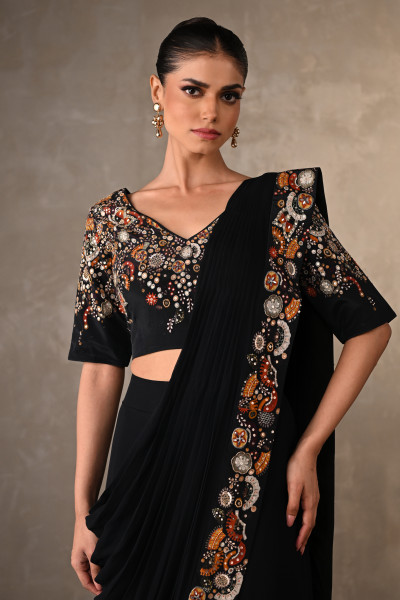 Black Embellished Pre-Stitched Saree Set