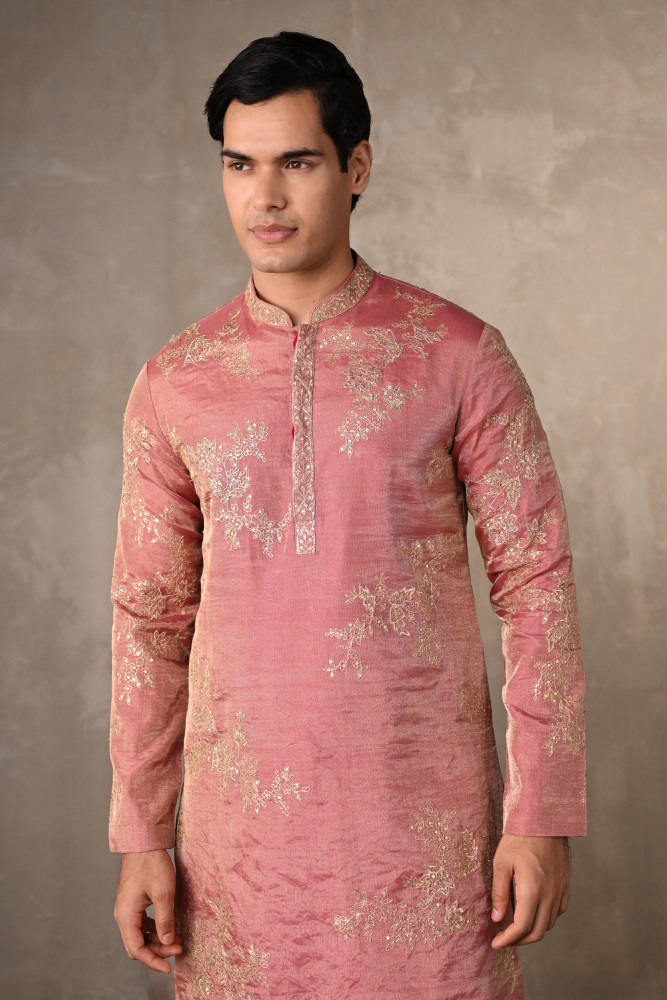 Image of Dusty Pink Embroidered Tissue Kurta