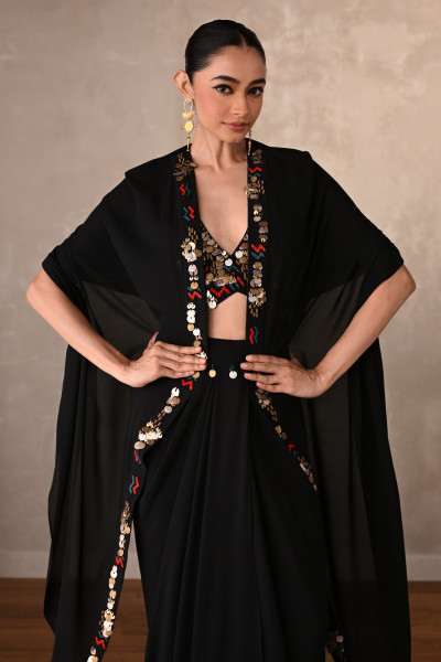 Black Georgette Drape Skirt Set With Embroidered Bralette And Cape